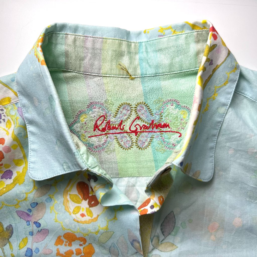 Robert Graham Vintage Pastel Teal Cotton Women Blouse/ Paisley & Flower Print M